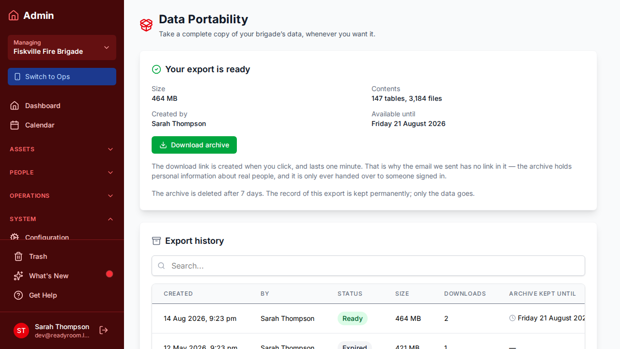 The Data Portability screen showing a completed export ready to download, with export history below