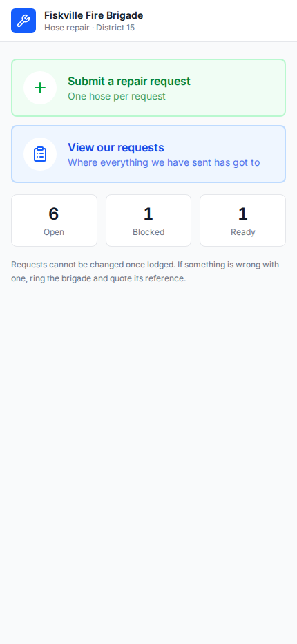 The district hose repair portal on a phone, offering to submit a repair request or view existing ones, with counts of open, blocked, and ready hoses
