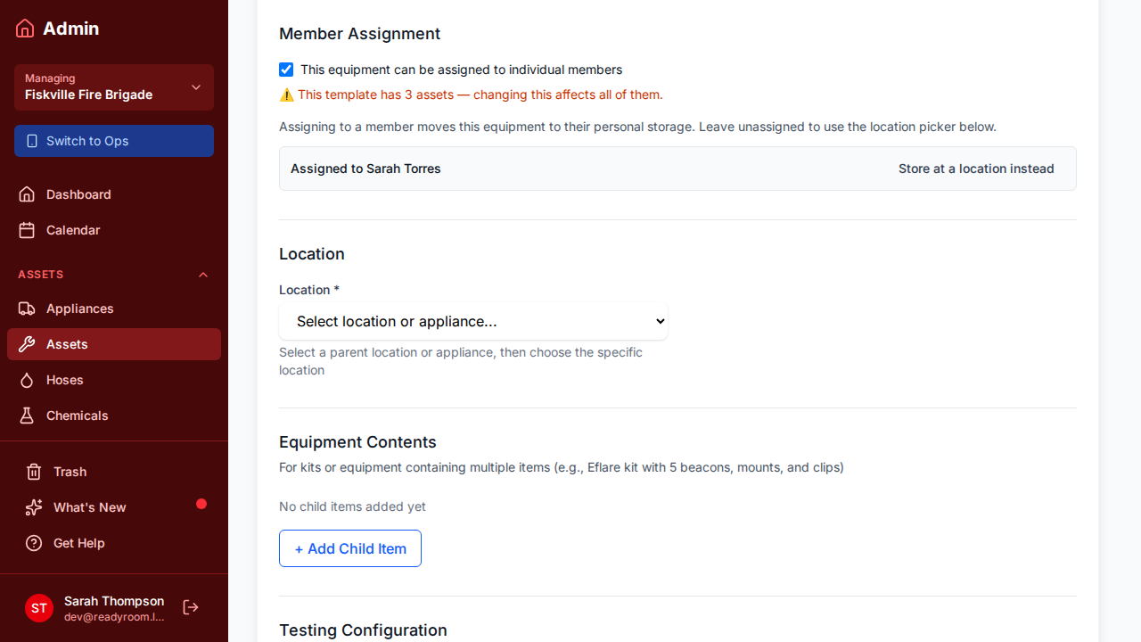 Member assignment settings for a piece of equipment, showing the member it is assigned to