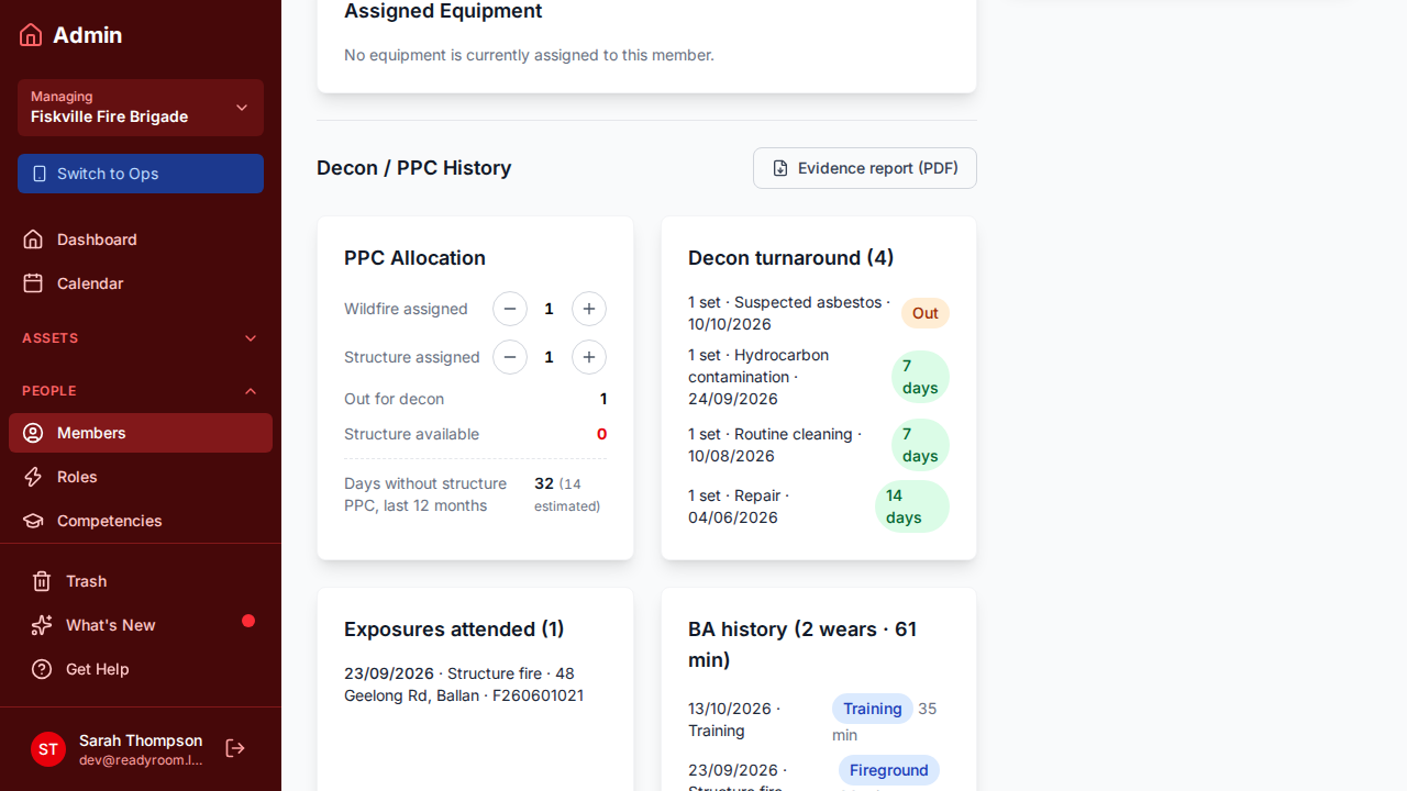 A member's Decon / PPC History tab in admin, showing their PPC allocation and a dated list of sets sent for decon and returned, with the turnaround on each
